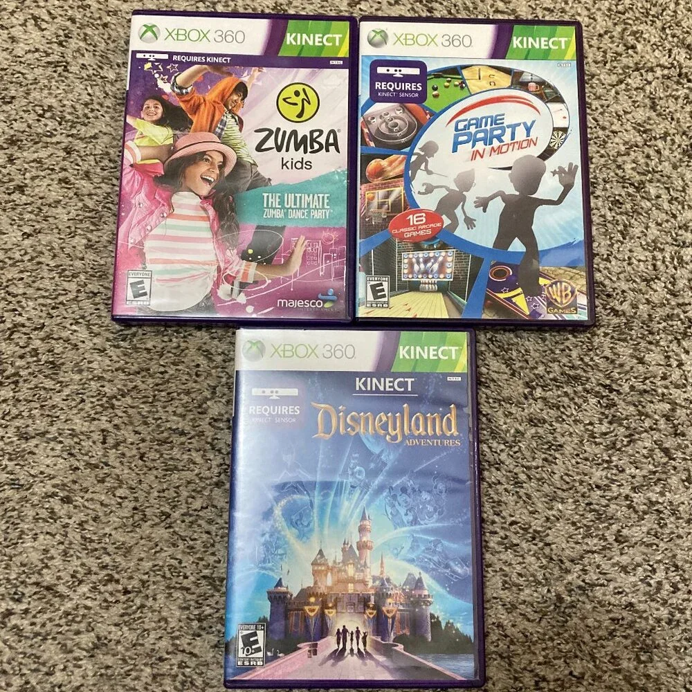 XBOX 360 Kinect Disneyland, Zumba Kids, Game Party in Motion - Lot of 3